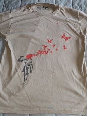Threadless Cream Short-Sleeve Tee with Coral Butterfly Graphic